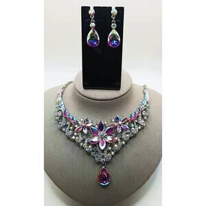 Iridescent Austrian Crystal Flower Necklace & Earrings Set, Silver Tone
